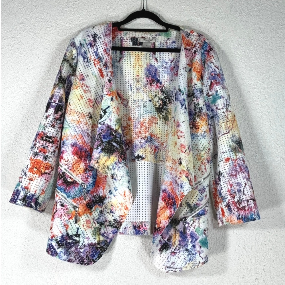 Mona Leah Multicolor Open Front Jacket - L - Abstract Paint Splatter Art Boho